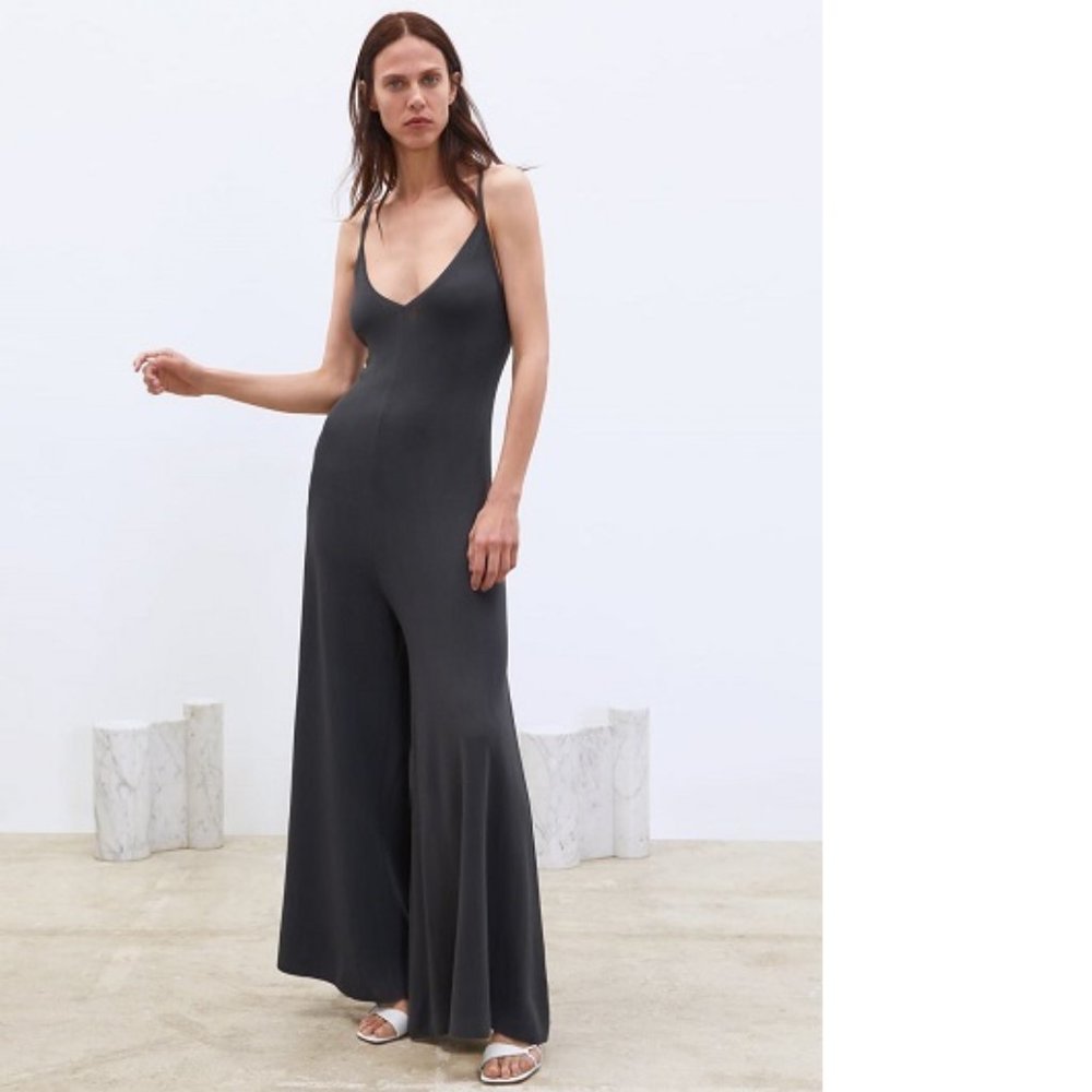 Zara Grey Knit Strappy Wide Flare Leg Jumpsuit, NWT, S